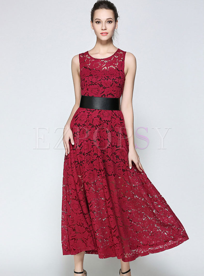 Party Lace Hollow-out Sheath Slim Maxi Dress With Underskirt 