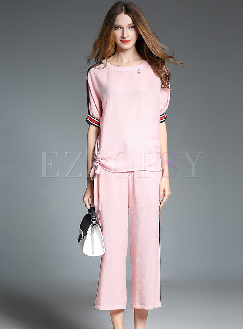Casual Pure Color Splicing O-neck Short Sleeve T-shirt & Fashionable Loose Wide Leg Pants 