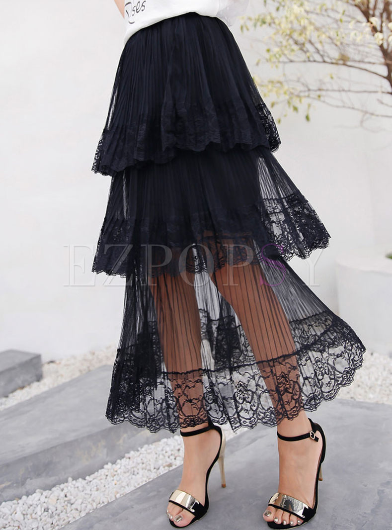Casual Pure Color Lace Gauze Splicing Pleated Tiered Skirt 
