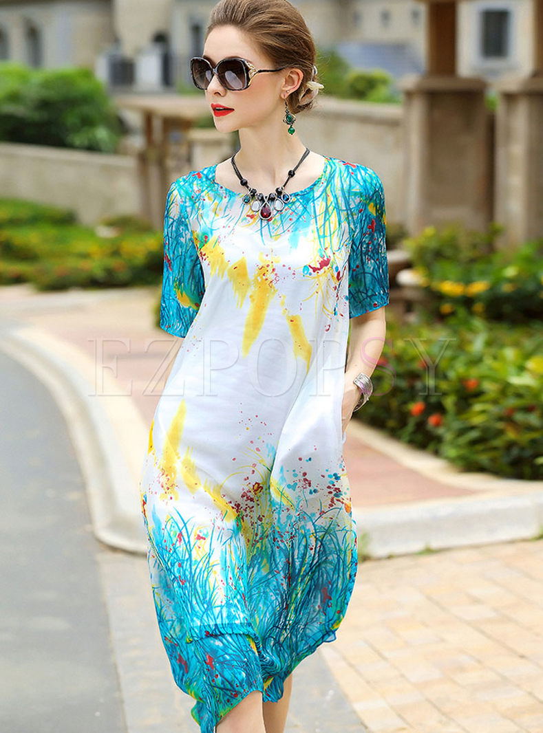 Casual O-neck Print Silk Half Sleeve Shift Dress