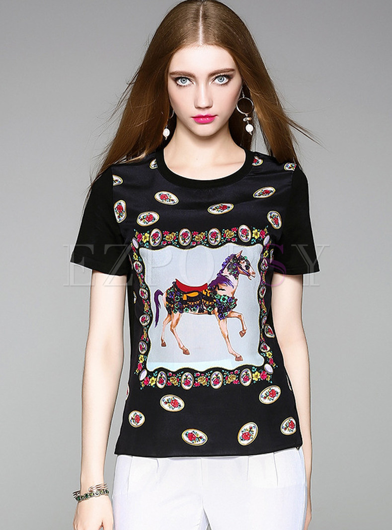 Animal Design Floral Print Silk Short Sleeve T-shirt