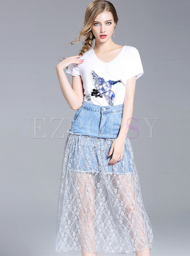 Animal Design Short Sleeve T-shirt & Lace Stitching Denim Mesh See Through Skirt