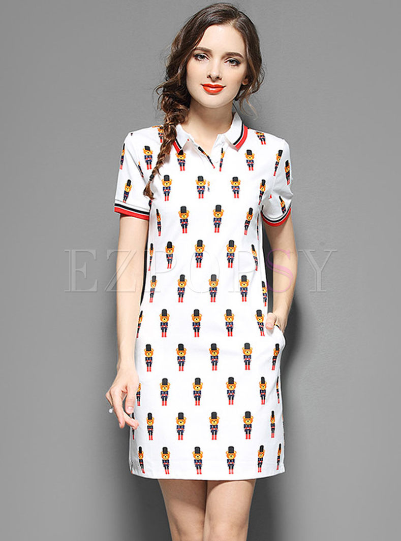 Cute Print Turn-down Collar Straight T-shirt Dress 