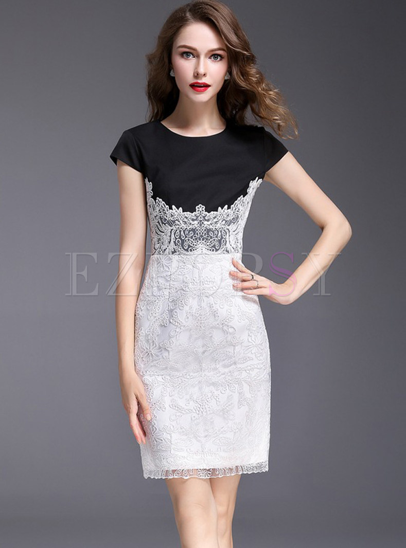 Lace Hit Color Embroidered Bodycon Dress
