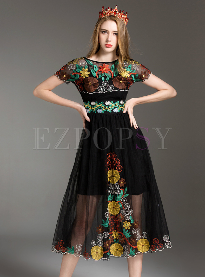 Party Waist Multicolor Embroidery Perspective Skater Dress