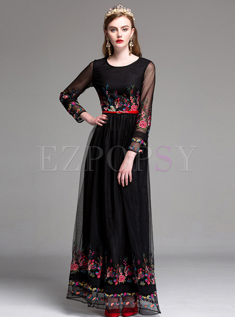 Dresses | Maxi Dresses | Elegant Perspective Embroidery Waist Maxi Dress