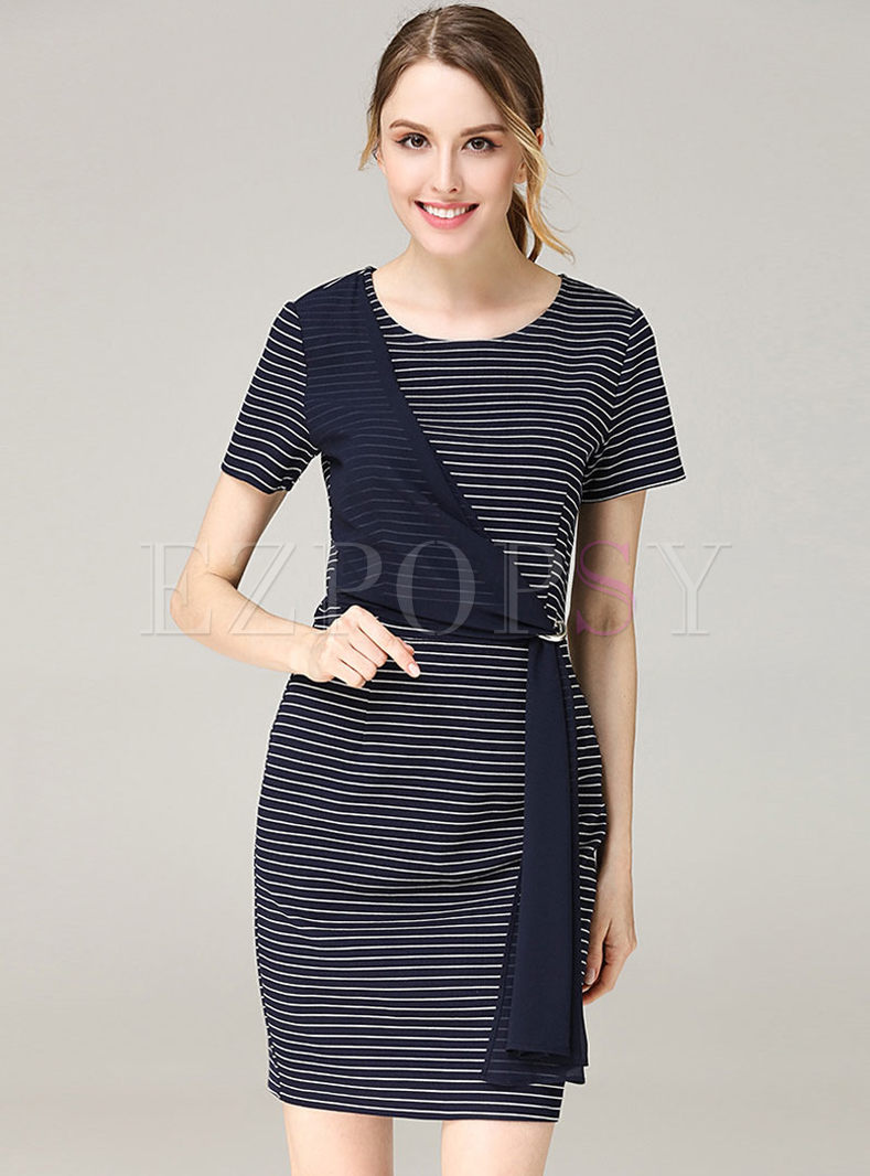 Casual O-neck Striped Short Sleeve Stitched Slim Dress