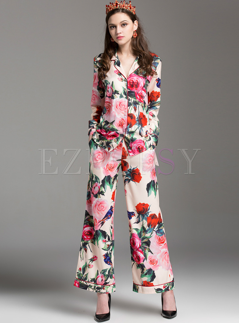Casual Rose Print Loose Two-piece Outfit