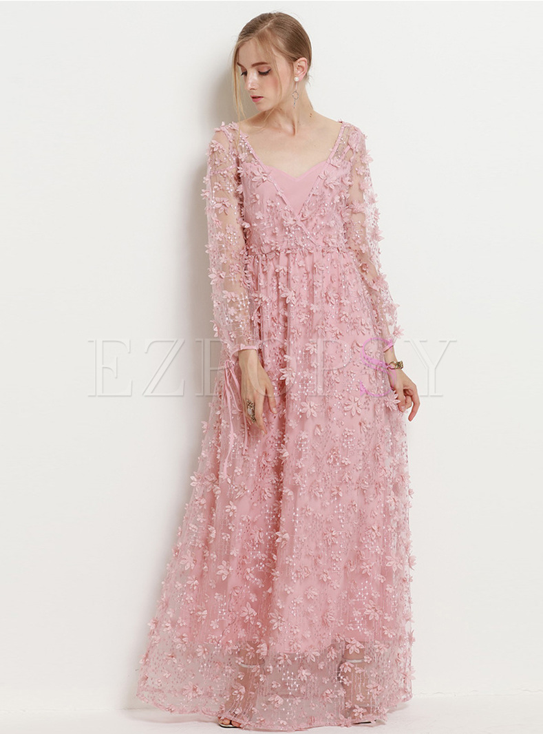 Elegant V-neck Stereoscopic Flower Maxi Dress