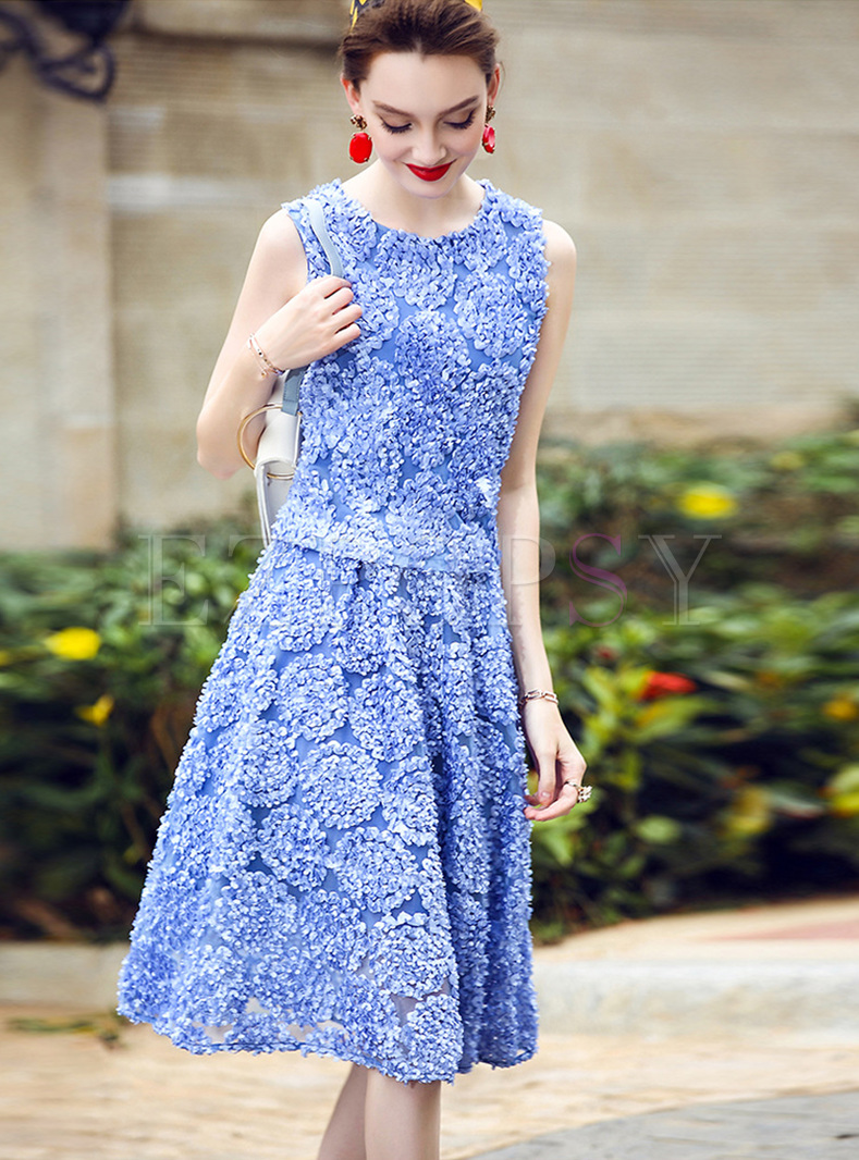 Elegant Sleeveless Stereoscopic Flower Two-piece Outfits