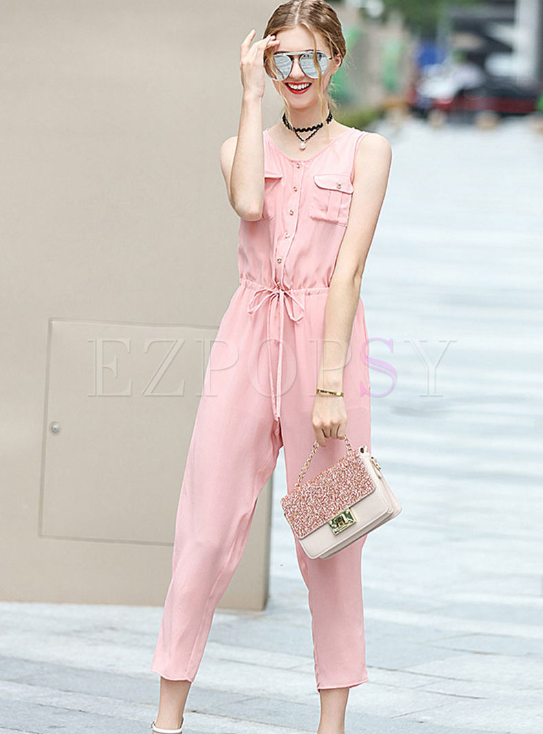 Brief Pure Color O-neck Sleeveless Belted Jumpsuits 