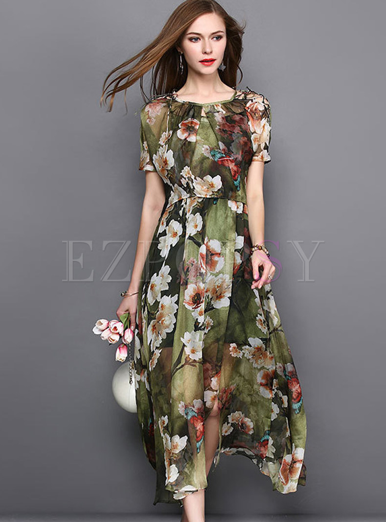 Dresses | Maxi Dresses | Stylish Chiffon Floral Print Short Sleeve Maxi ...