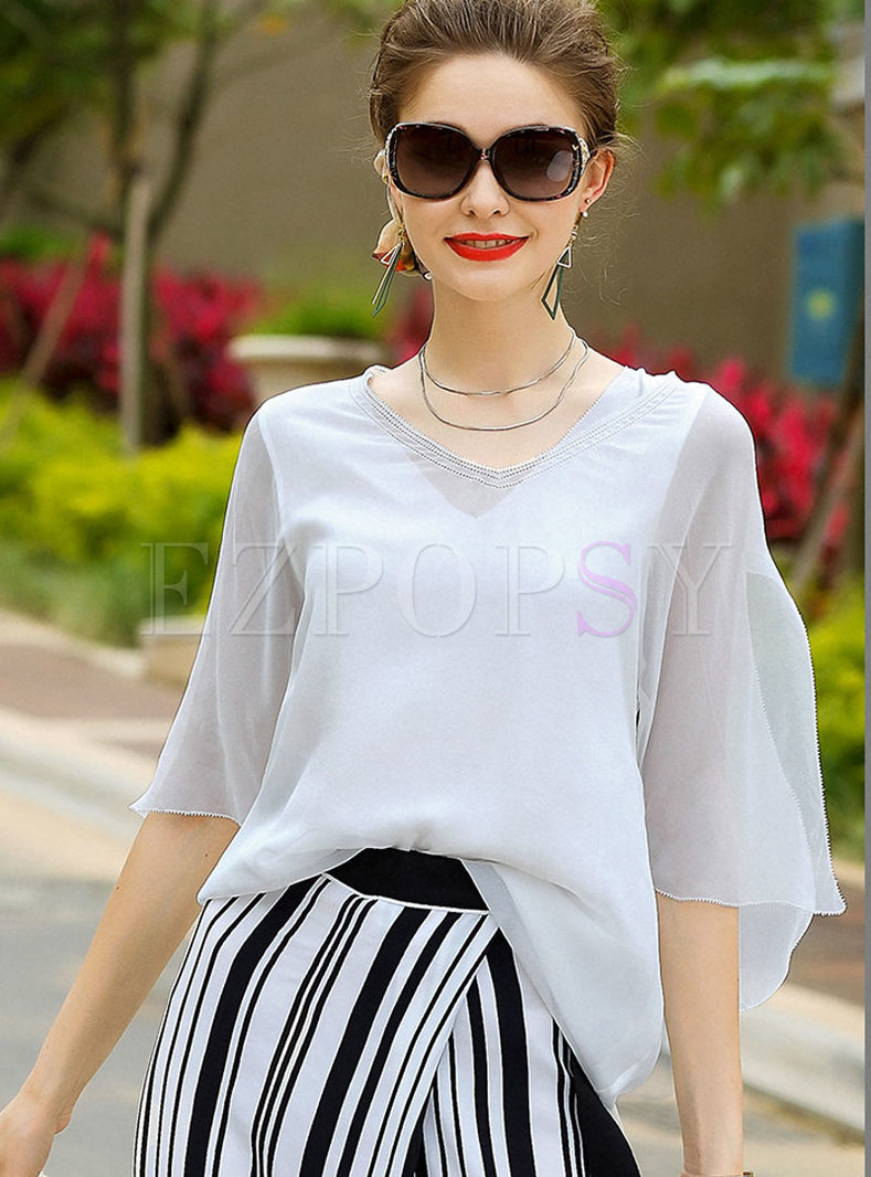 Brief Pure Color Loose V-neck Half Sleeve Blouse With Camis