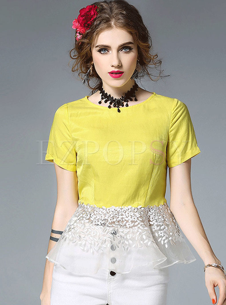 Casual Gauze Splicing Embroidered O-neck Blouse 