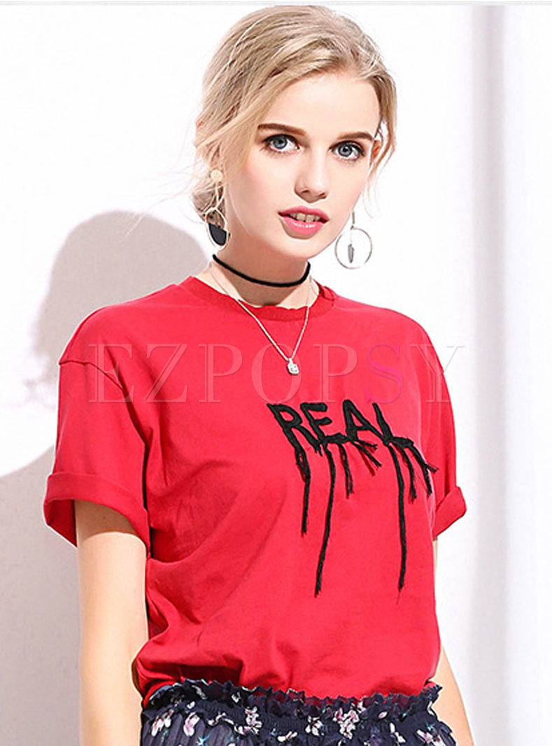 O-neck Letter Embroidered Short Sleeve T-shirt