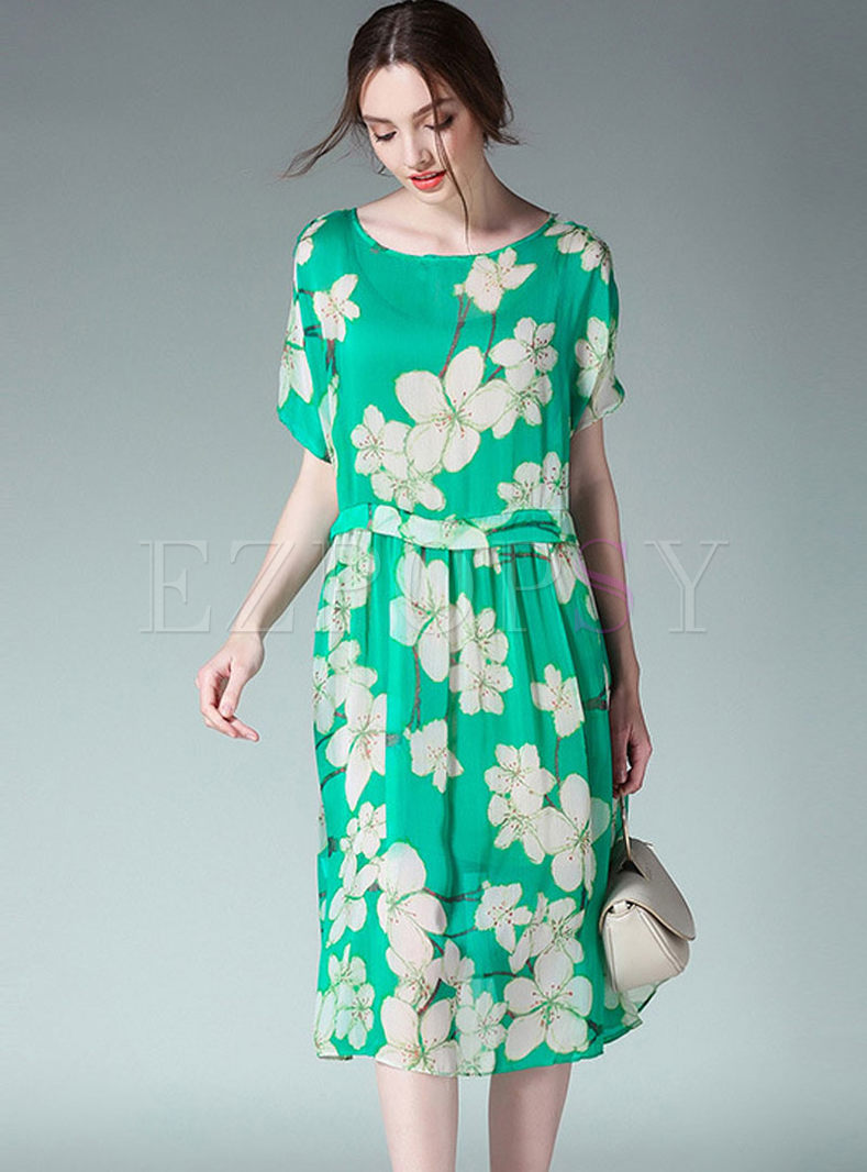 Casual Flower Print O-neck Loose Shift Dress With Underskirt 