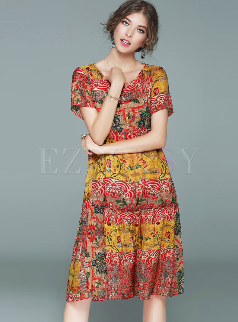 Dresses | Shift Dresses | Ethnic Floral Print Short Sleeve Shift Dress