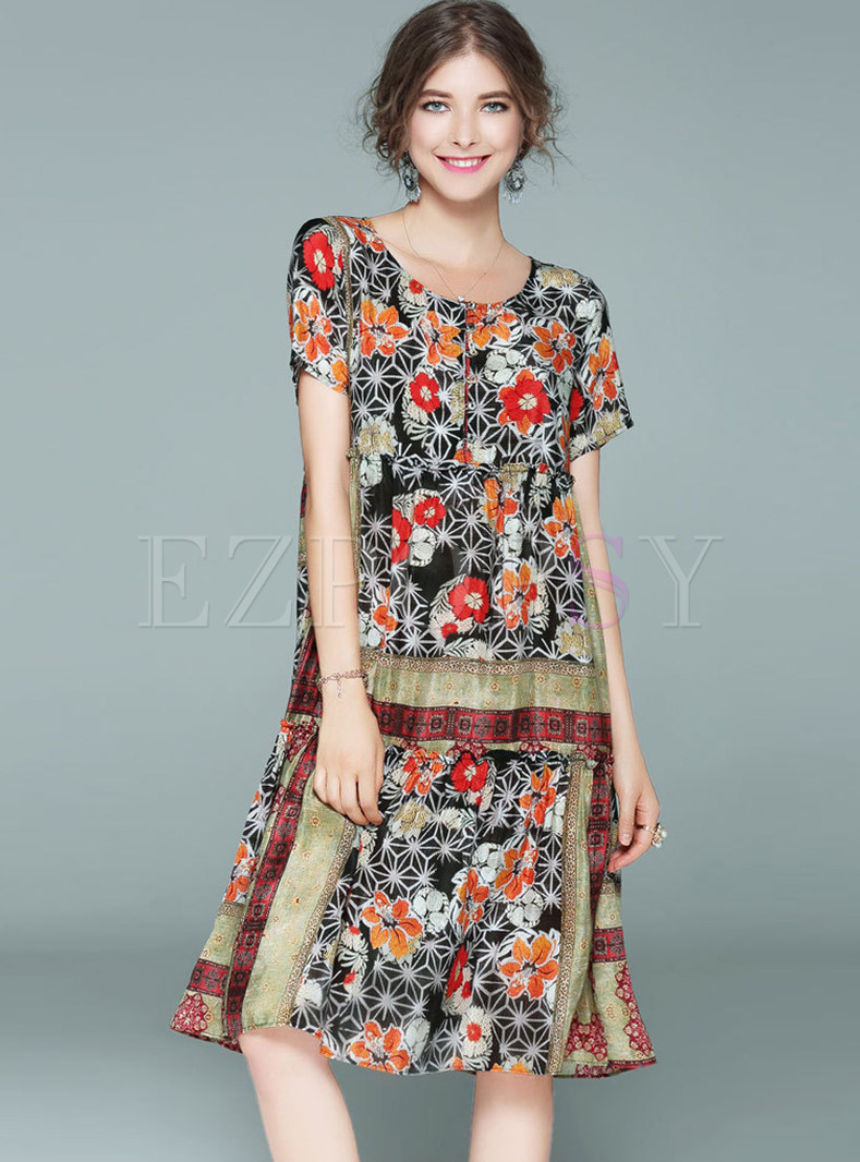 Stitching Floral Print Loose Silk Shift Dress