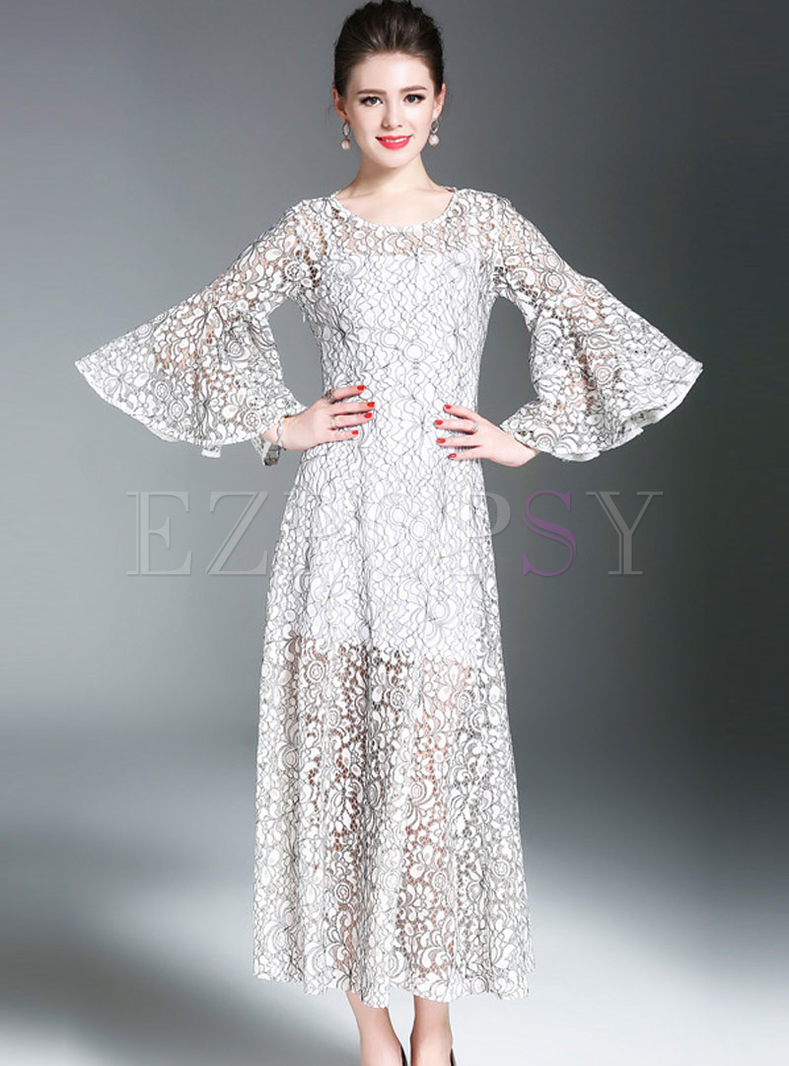 Party Lace Hollow-out Perspective O-neck Flare Sleeve Maxi Dress 