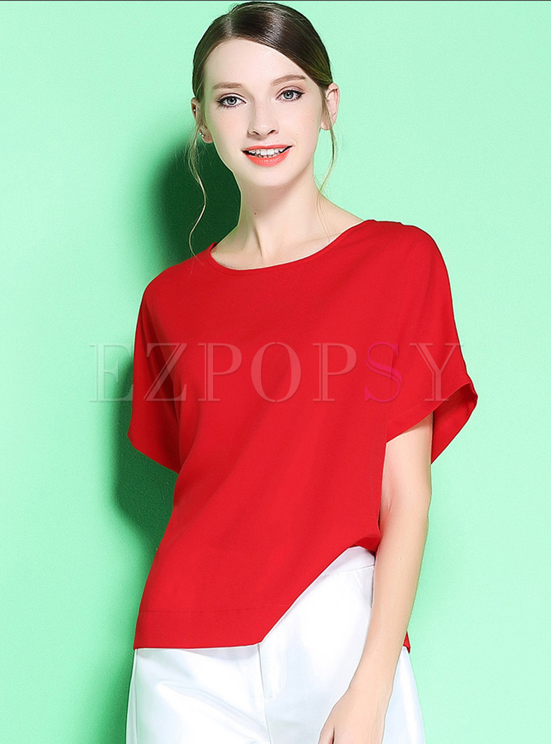 Red Casual Loose Bat Sleeve T-shirt