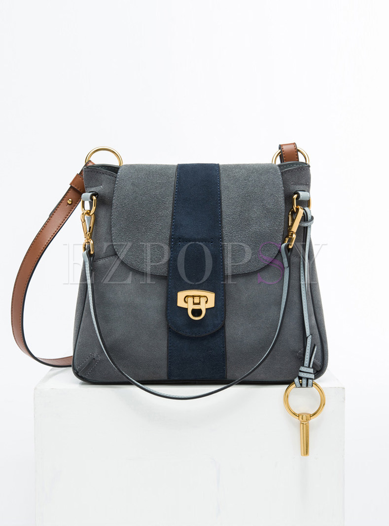 Frosted Cowhide Stitching Clasp Lock Crossbody Bag