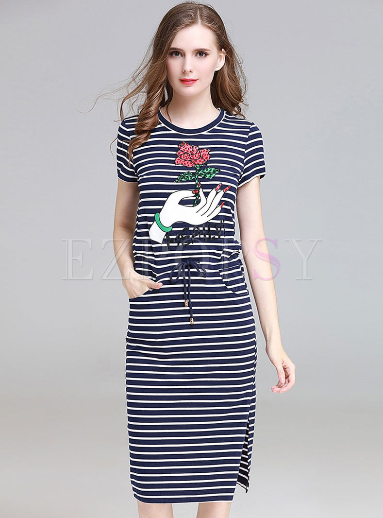 Casual O-neck Embroidered Short Sleeve Slim Dress