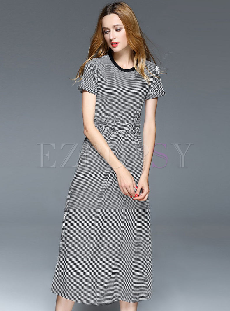 Casual O-neck Striped Short Sleeve Slim Dress