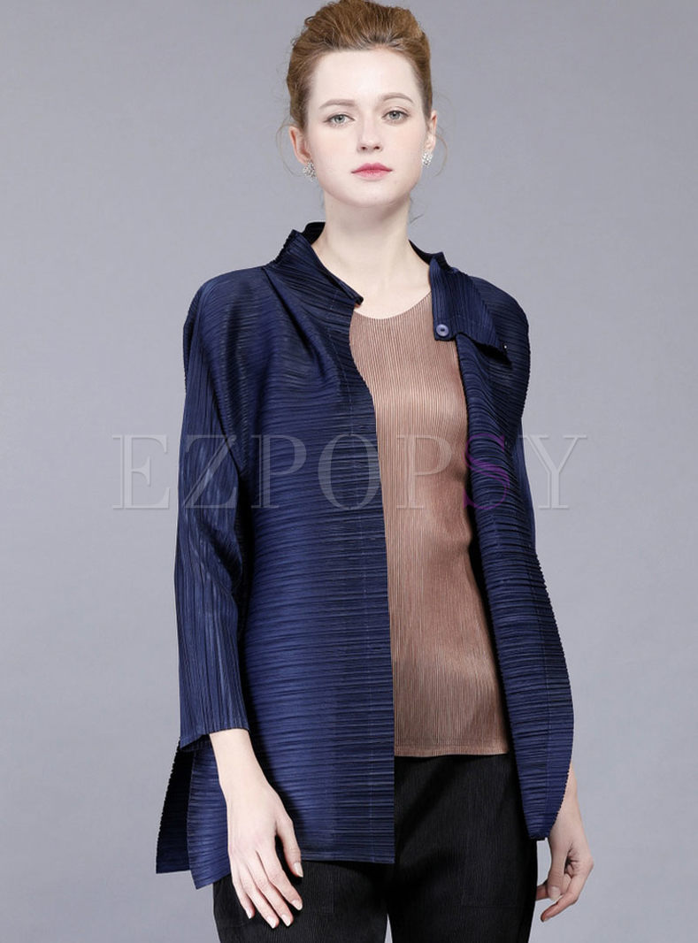 Casual Pure Color Pleated Loose Stand Collar Coat