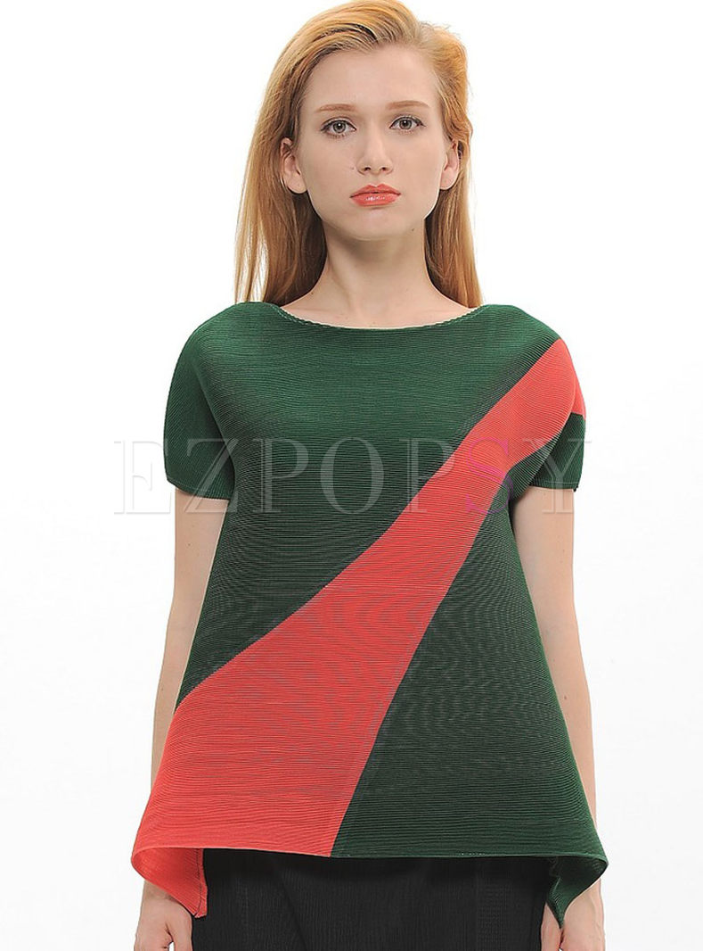 Brief Color Blocking Plaeted O-neck T-shirt