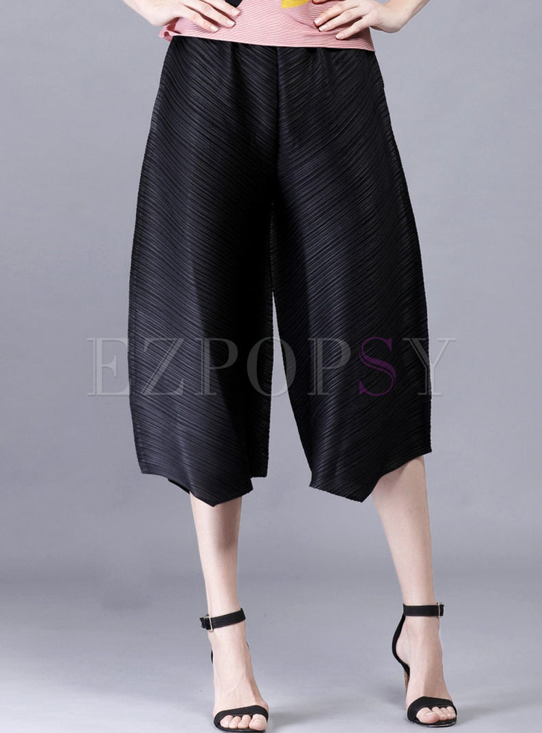 Brief Pleated Pure Color Loose Three Quarter Sleeve Wide Leg Pants 