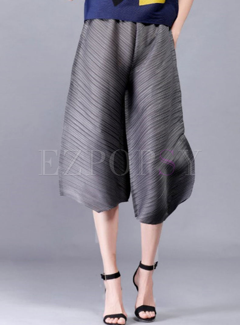 Brief Plaeted Pure Color Loose Three Quarter Sleeve Wide Leg Pants 