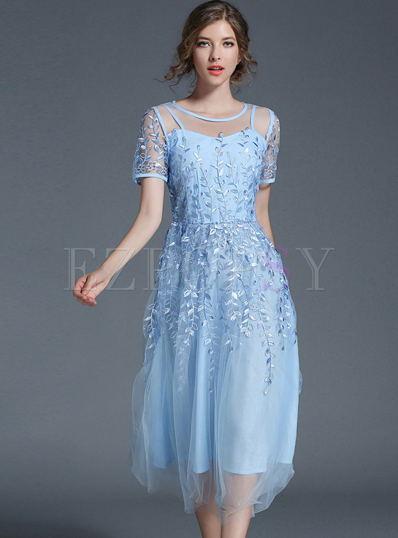 Dresses | Maxi Dresses | Elegant Mesh Embroidered Short Sleeve Maxi Dress