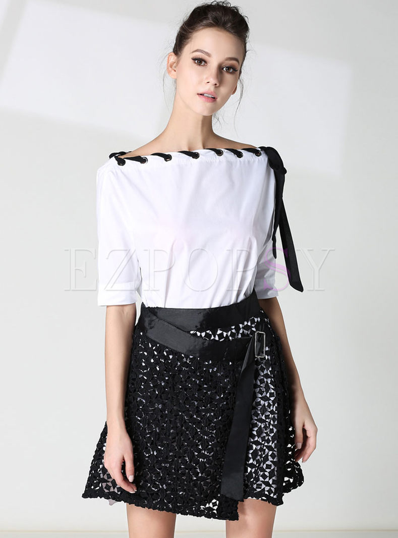 Sexy Slash Collar Splicing Half Sleeve Blouse & Lace Hollow-out Sheath Skirt 