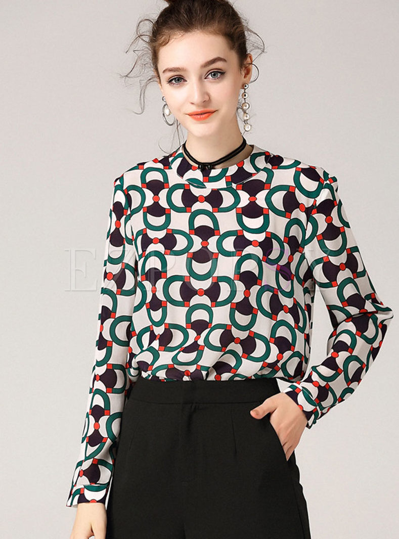Casual Print Stand Collar Long Sleeve Blouse 