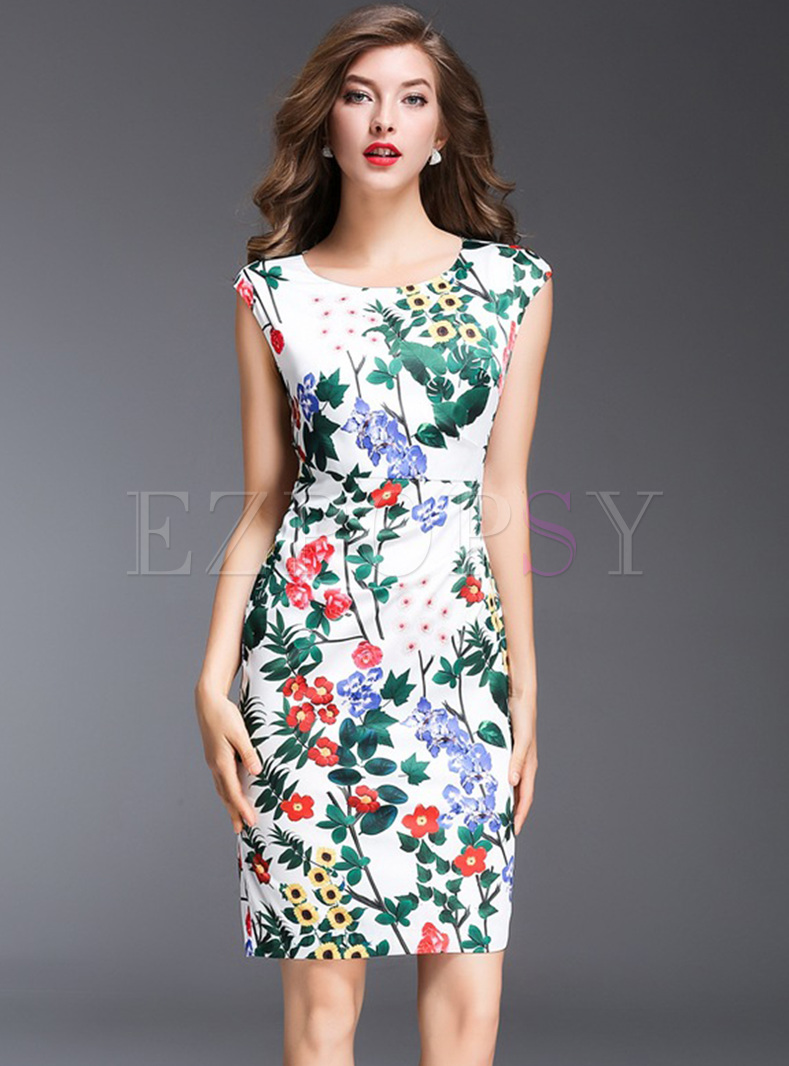 Dresses | Bodycon Dresses | Elegant Floral Print Sleeveless Bodycon Dress