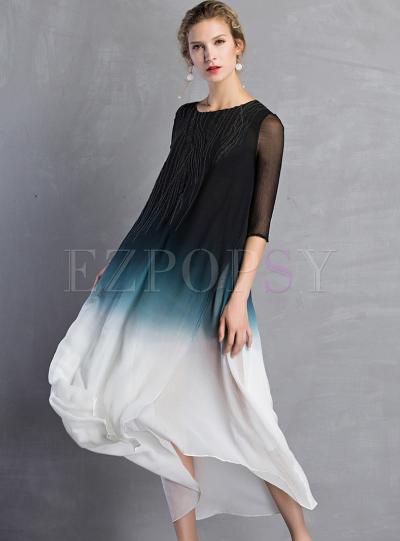 Gradient Silk Embroidered Loose Shift Dress