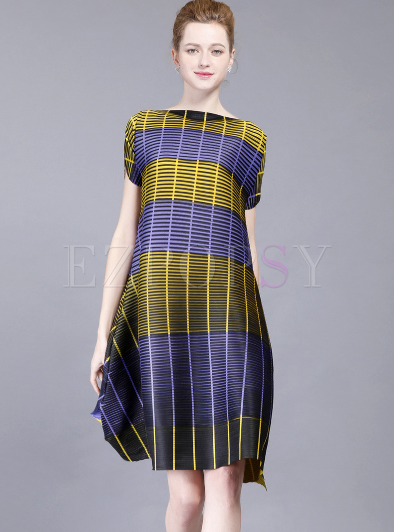 Street Color-blocked Striped Shift Dress