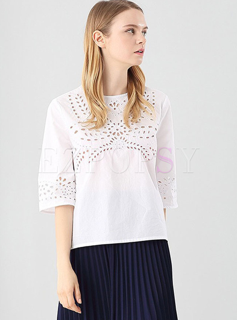 White Casual Hollow Pullover T-shirt