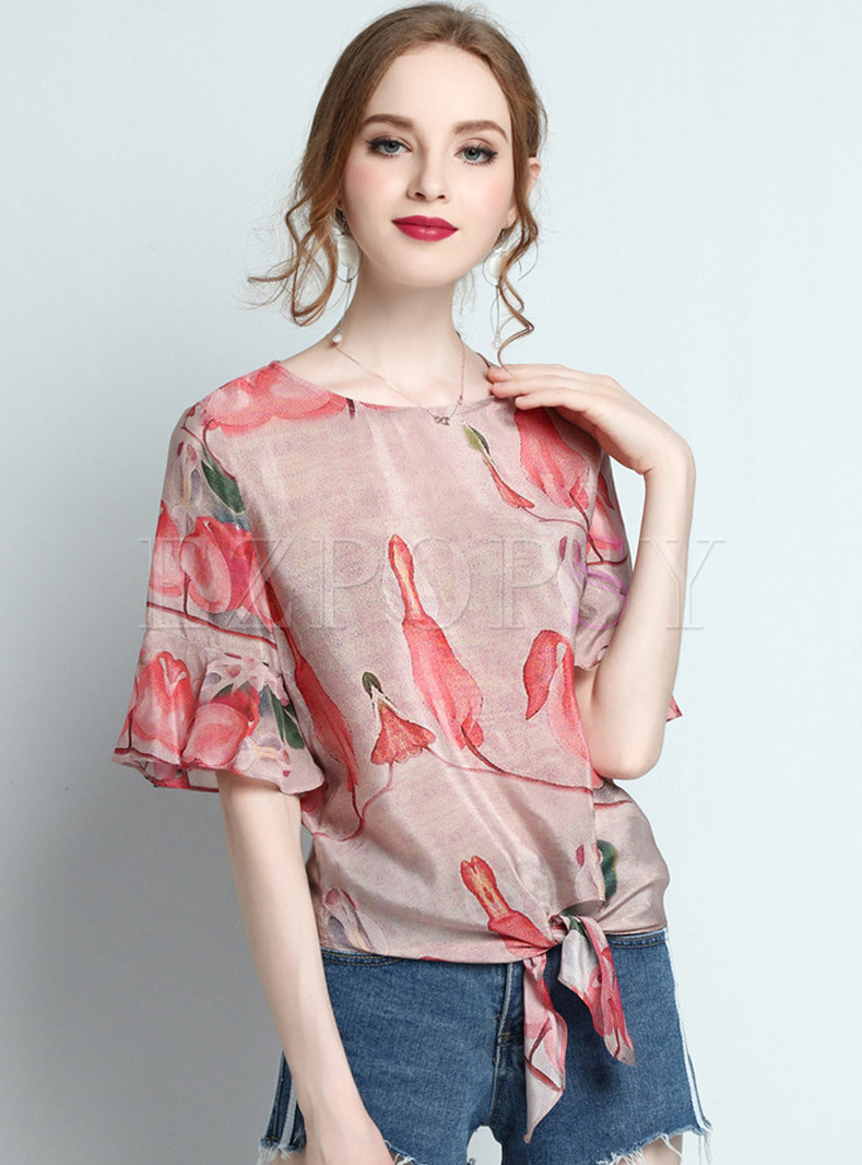 Chic Flare Sleeve Print Pullover Blouse