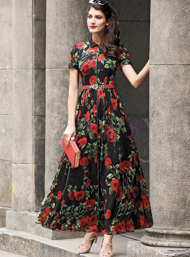 Dresses | Maxi Dresses | Chic Rose Print Lapel Waist Maxi Dress