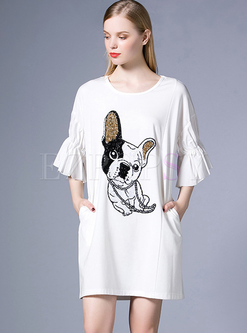 Casual Dog Sequins Ruffle Sleeve Loose T-shirt Dress 