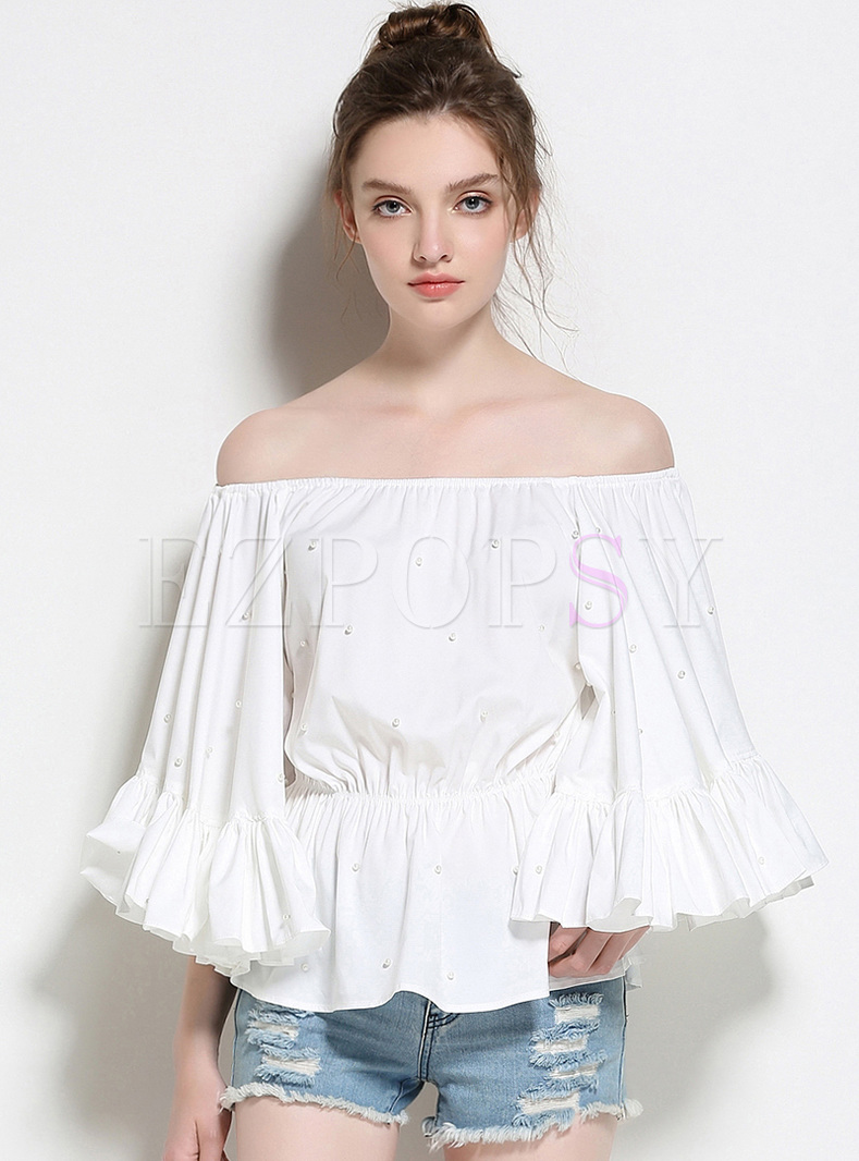 Tops | Blouses | White Sexy Slash Neck Puff Sleeve Blouse