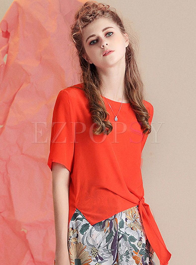 Brief Pure Color Silk Short Sleeve Blouse