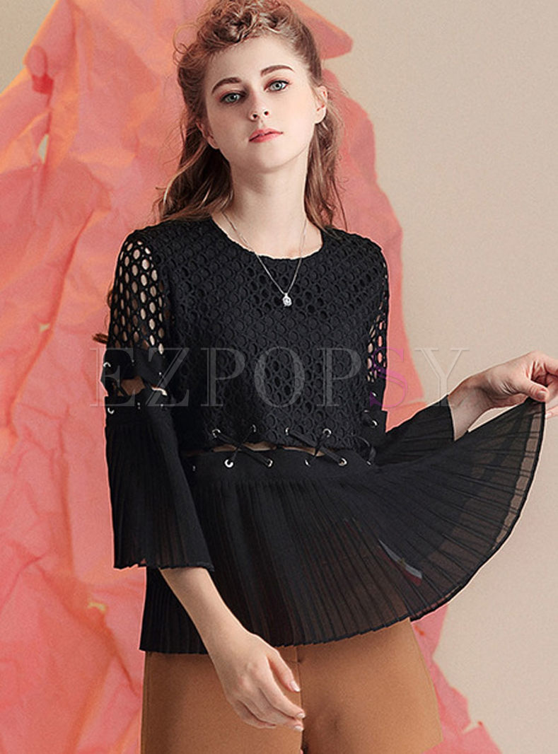 Stylish Hollow Out Flare Sleeve Blouse