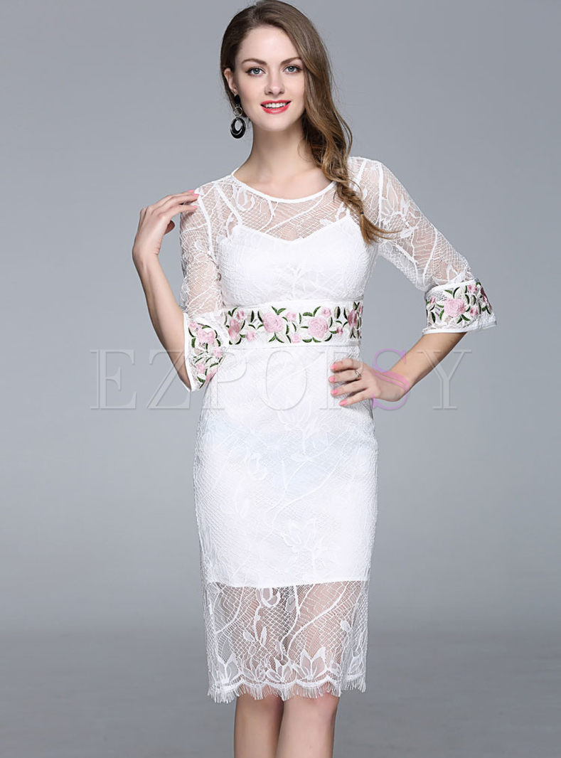 White Lace Stitching Embroidered Bodycon Dress