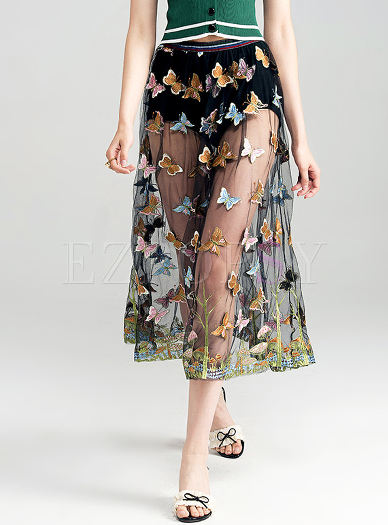 Sexy Butterfly Embroidery Perspective Skirt