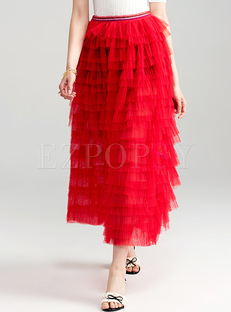 Red Mesh Elastic Waist Layered Skirt