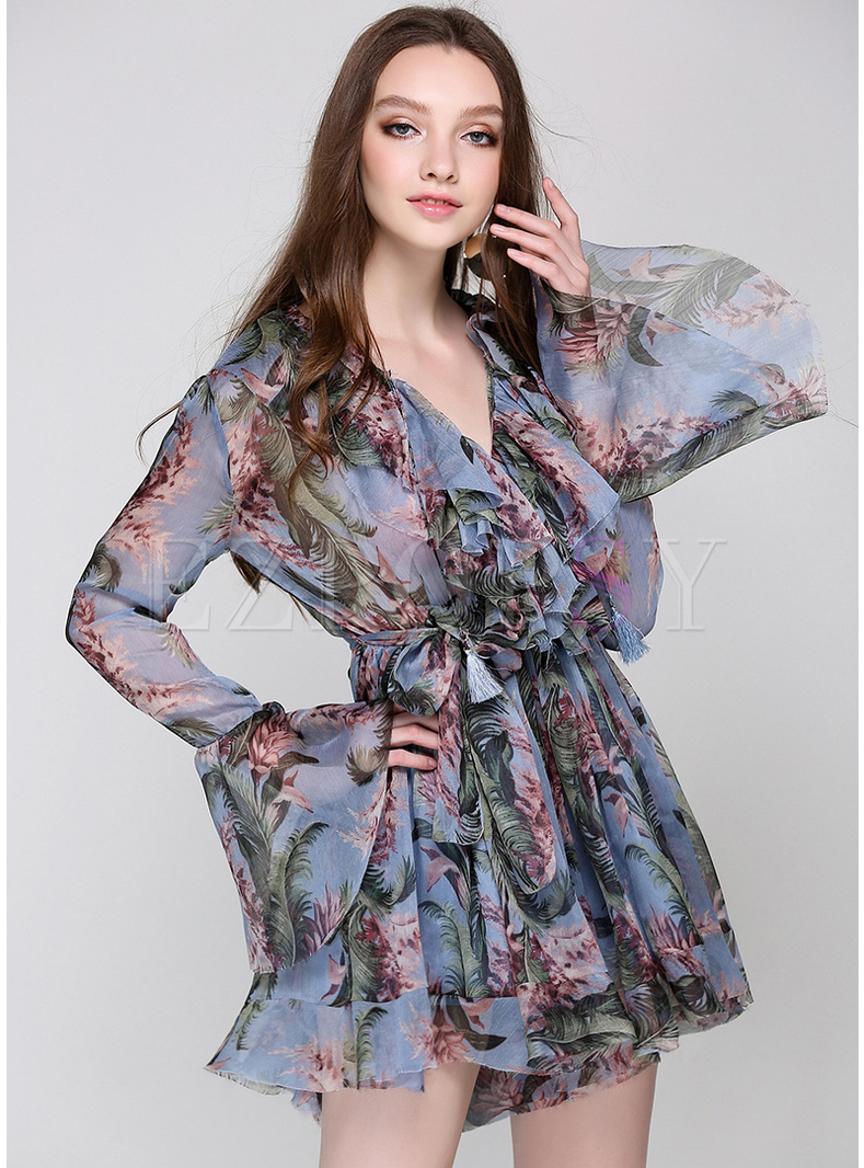 Chic Flare Sleeve Print V-neck Wasit Rompers