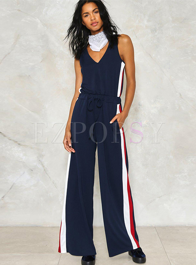 Chic Color-blocked V-neck Sleeveless Jumpsuits 