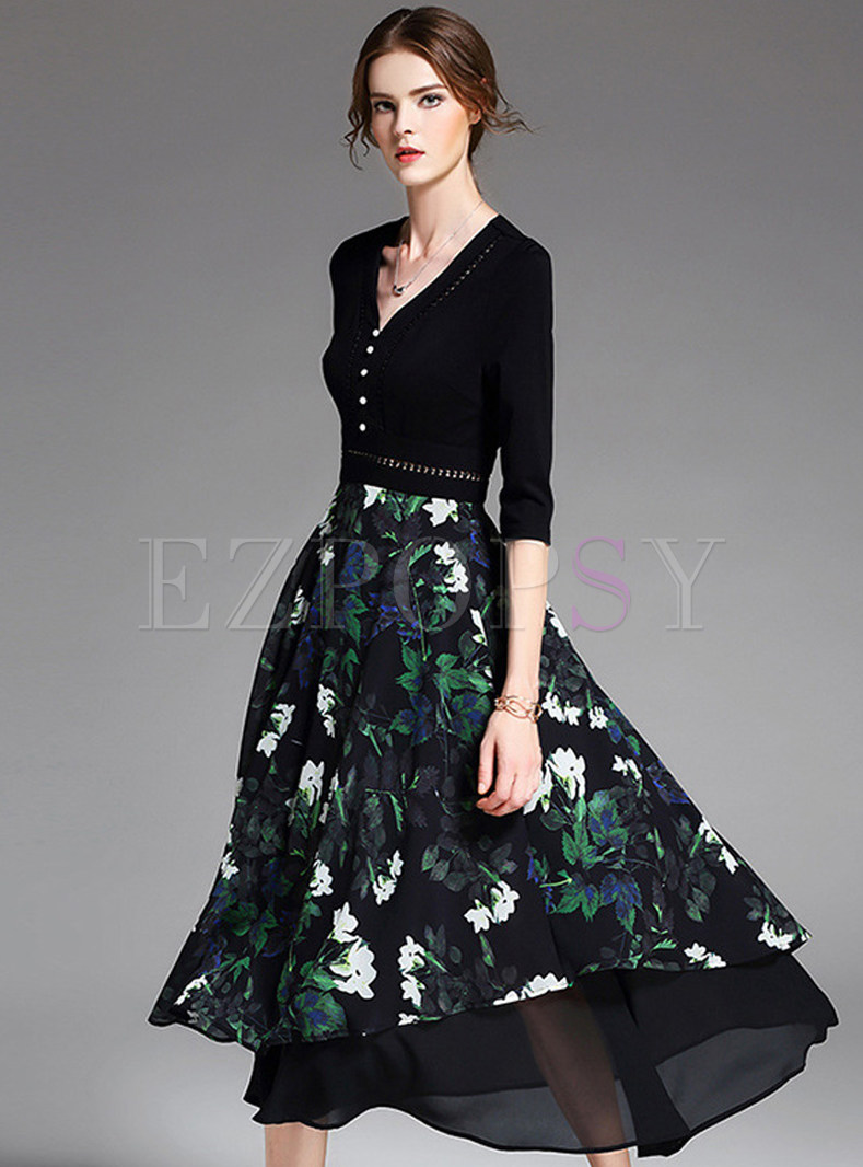 Dresses | Maxi Dresses | V-neck Half Sleeve Lily Print Party Maxi Dress